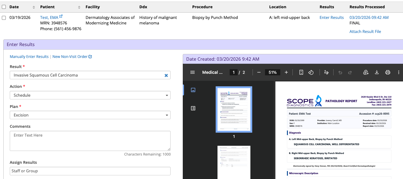 ModMed auto-populated Result, Action, and Plan fields based on SCOPE diagnosis
